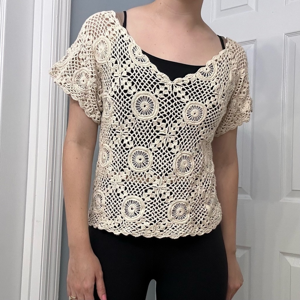 Vintage Blouse Top Knit Crochet Cream White Fairy Beach Summer Cotton Medium